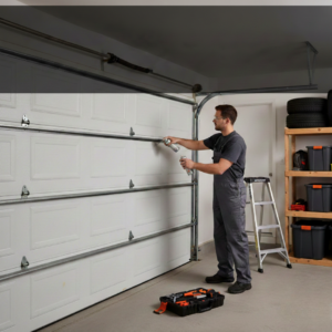 A male technician in grey overalls stands in a garage, using a spray lubricant on the hinges and rollers of a white sectional garage door.