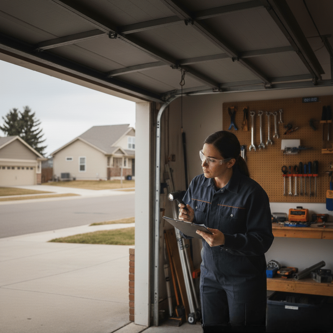 A female technician in a dark blue uniform and safety glasses stands inside an open garage, holding a flashlight and a clipboard while looking toward the door track.