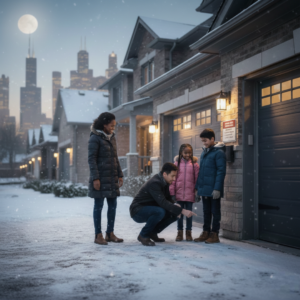 A father kneels on a snow-covered driveway at night to show his young daughter and son how to use a garage keypad, while the mother stands nearby with a city skyline in the background.