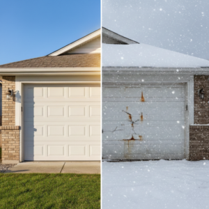 A side-by-side comparison showing a clean, white garage door in bright sunlight (left) and a rusted, cracked white garage door covered in snow during a winter storm (right).