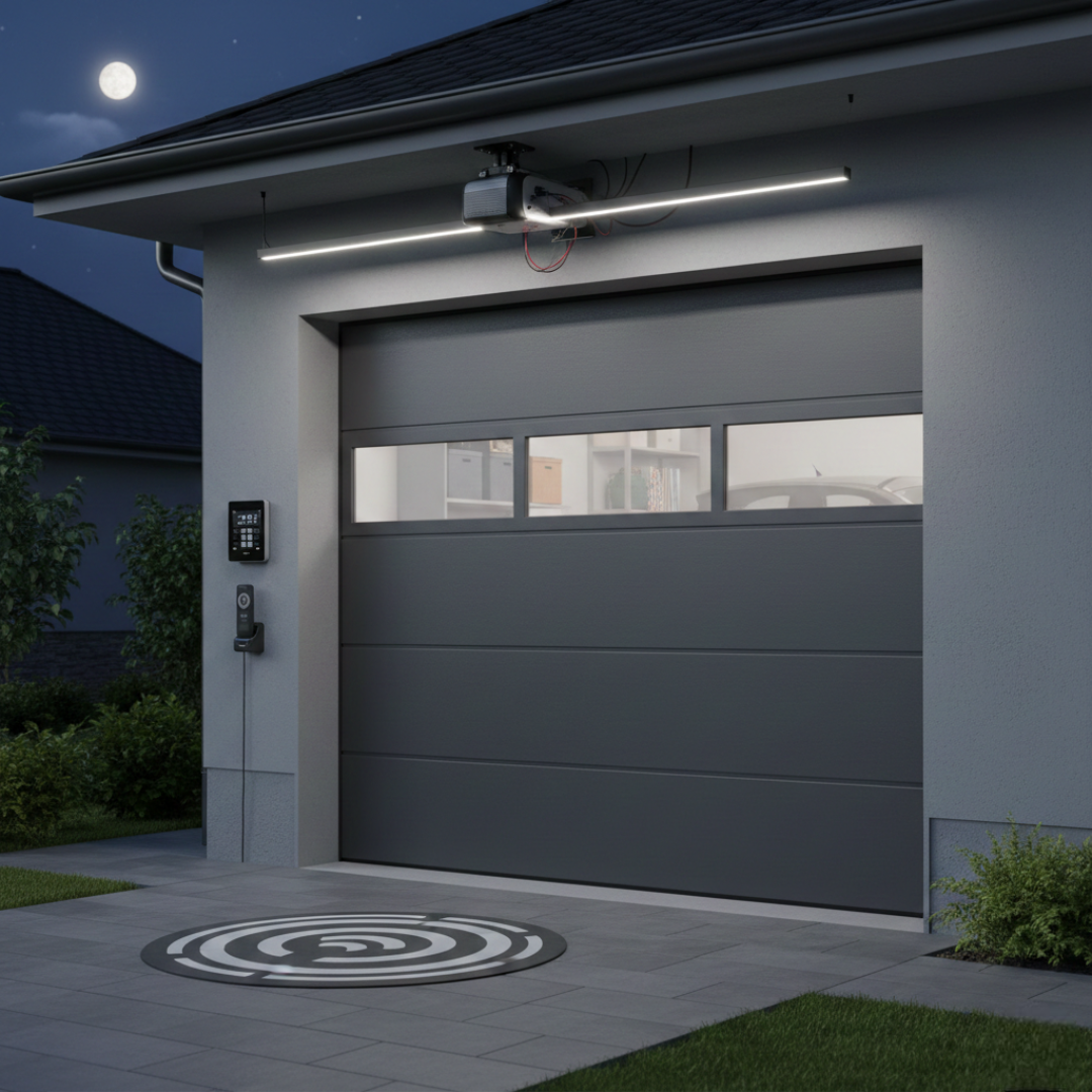 A sleek, dark grey sectional garage door at night featuring a long horizontal LED light bar above the opening, a wall-mounted digital control panel, and a circular target-style landing pad on the driveway under a full moon.
