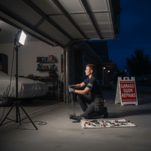 A technician in a black uniform kneeling on a driveway at night, holding a large metal spring in front of an open garage with tools organized on a mat and a "GARAGE DOOR REPAIRS" sign nearby.