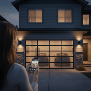 A woman holding a smartphone that displays a live video feed of her garage interior, with the actual glass-paneled garage door and two cars visible in the background at dusk.