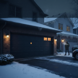 A dark, sectional garage door on a brick house at night during winter, featuring icicles on the roof and a person walking toward a car on a snow-covered driveway.