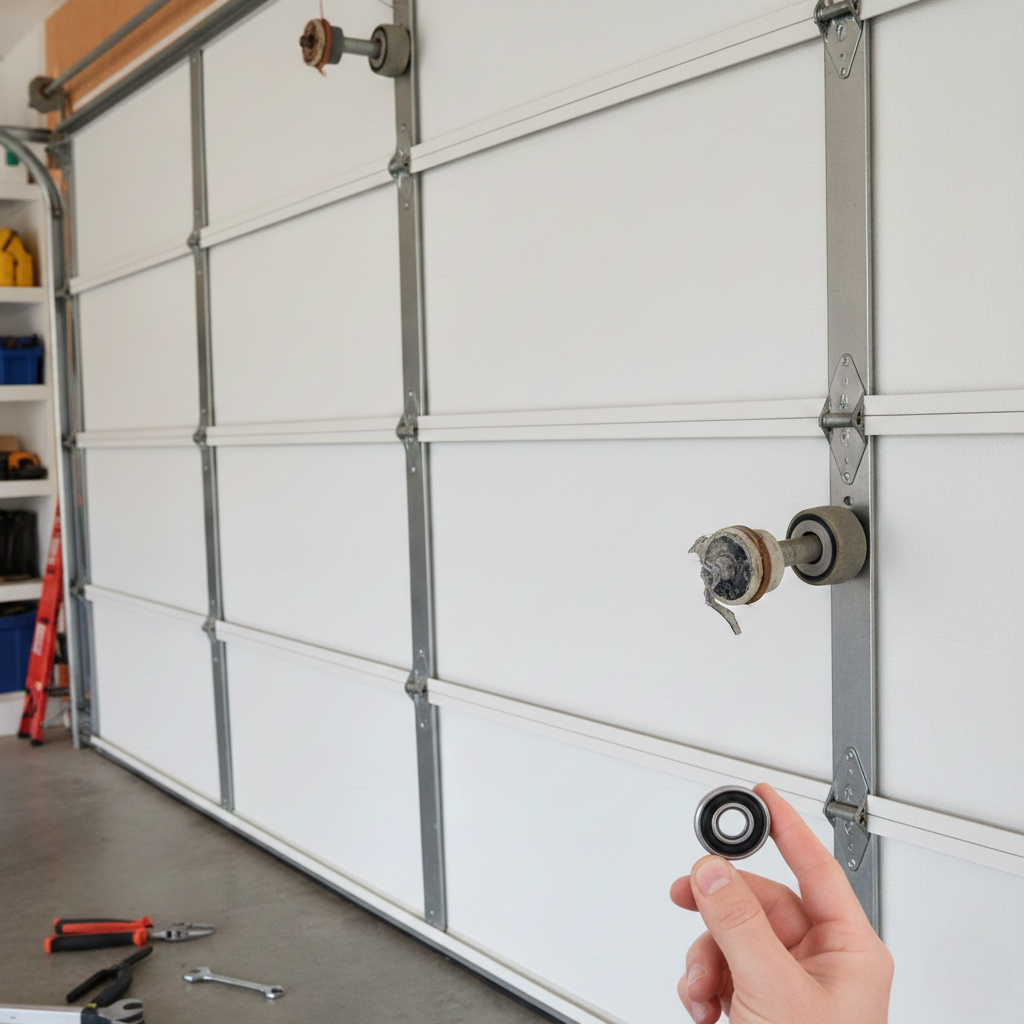 A person’s hand holding a small steel ball bearing in the foreground, with a white sectional garage door and its various track components shown in the background.
