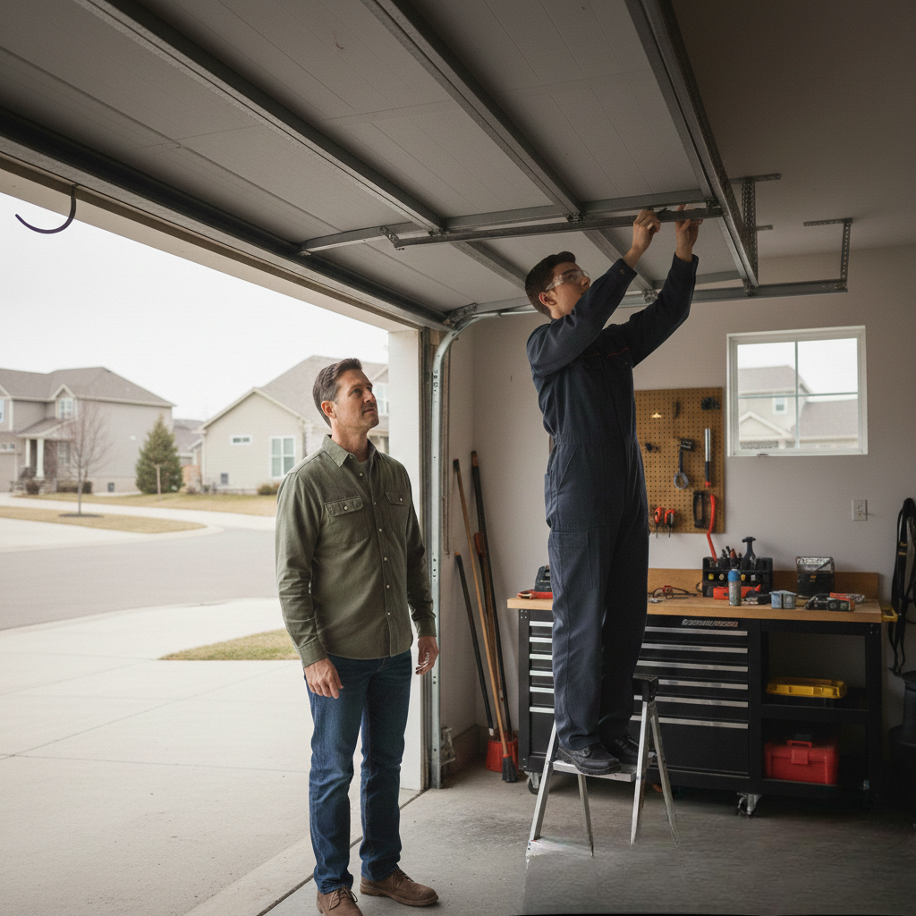 A young male technician in blue coveralls stands on a stepladder to inspect the upper tracks of an open garage door while a homeowner watches.