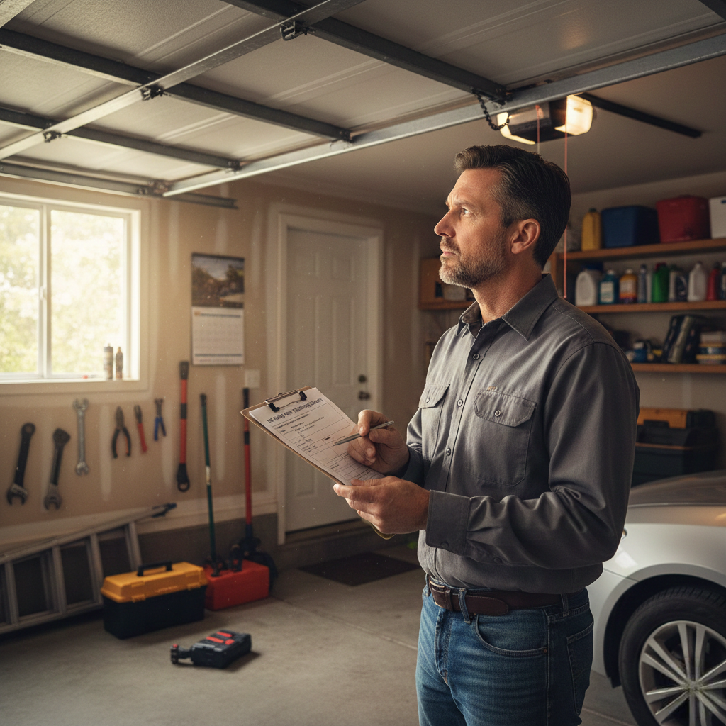 A male technician in a grey work shirt and jeans standing inside a residential garage, reviewing a checklist on a clipboard while looking up at the tracks and opener.