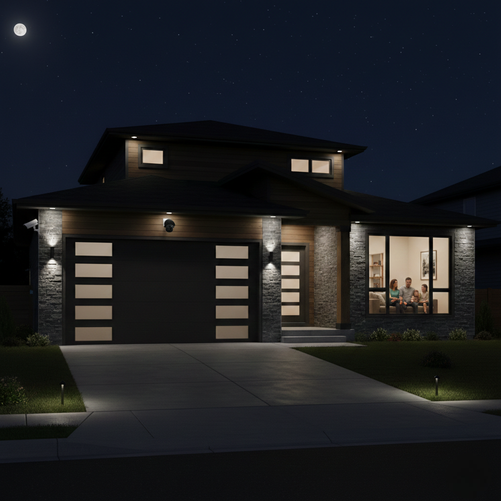 A modern two-story home at night with a dark grey garage door featuring frosted vertical window panels on both sides, illuminated by warm sconce lighting and a full moon, with a family visible through a large front window.