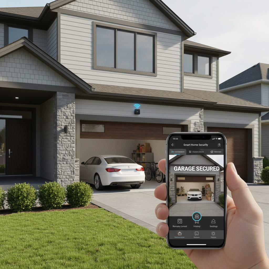 A person holding a smartphone in the foreground displaying a "GARAGE SECURED" notification with a live camera feed of their garage, while the actual house and open garage are visible in the background.